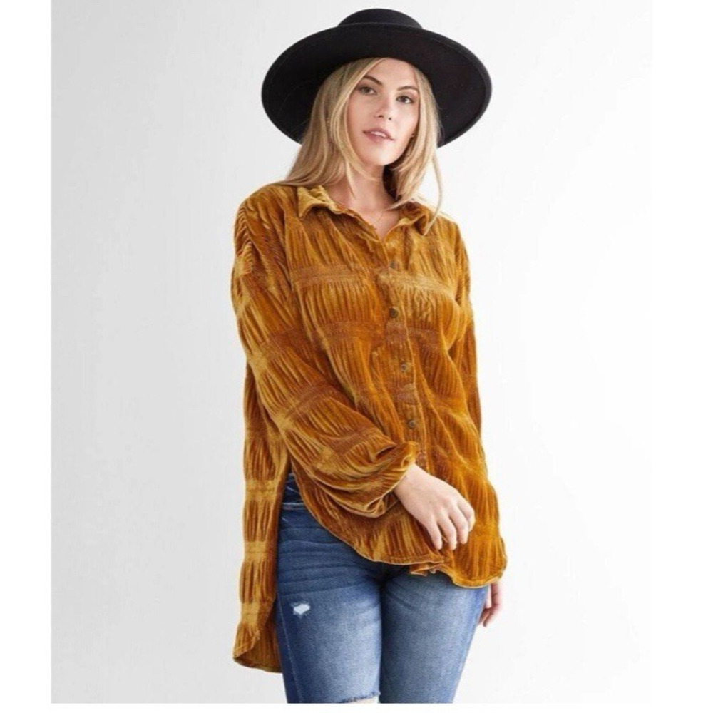 FREE PEOPLE My Best Velvet Blouse Crinkle Button Shirt Gold Oversized‎ Size XS